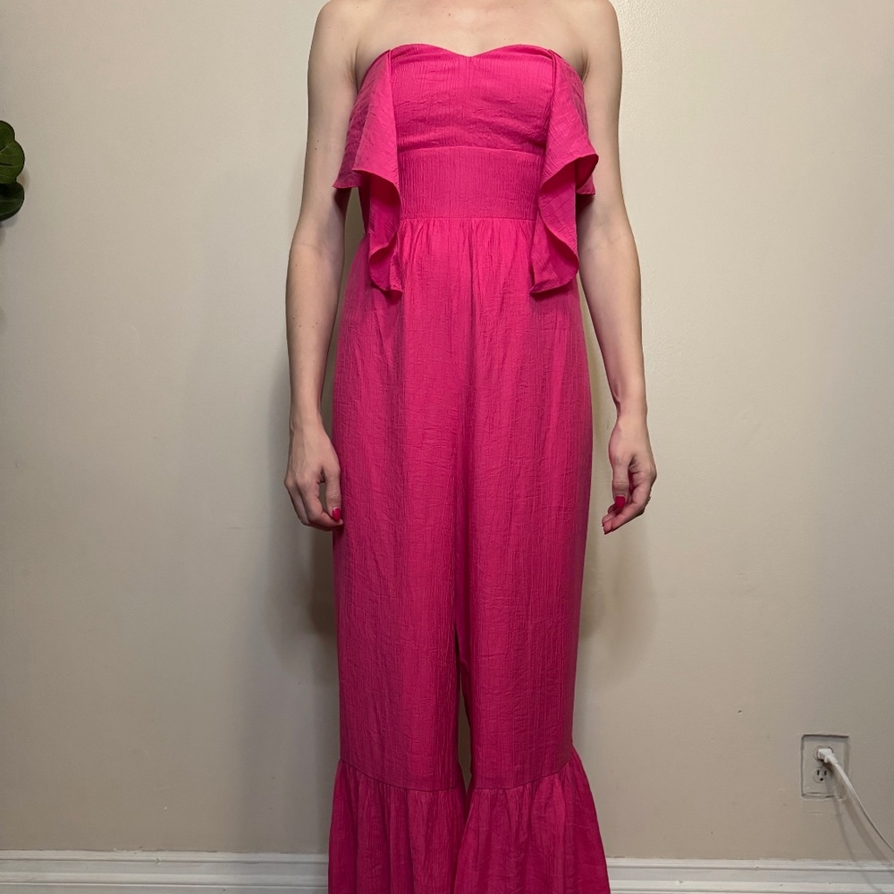 Strapless Hot Pink Ruffle Jumpsuit